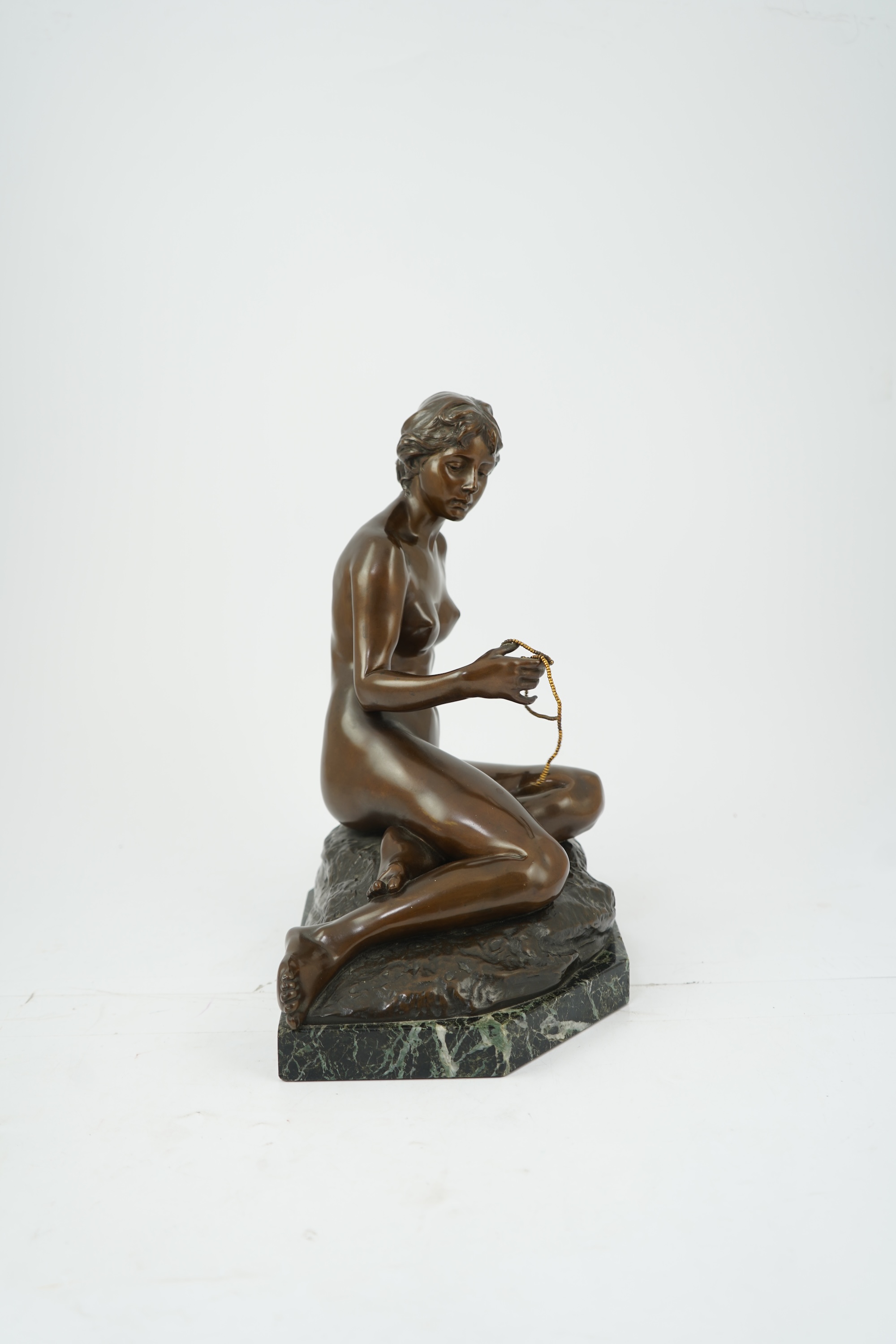 After Arnold Katsch (German, b.1861), an Art Nouveau bronze figure of Psyche, with foundry mark to reverse ‘Gladenbeks Bronceciesserei’, on serpentine marble base, missing butterfly from hand, 34cm